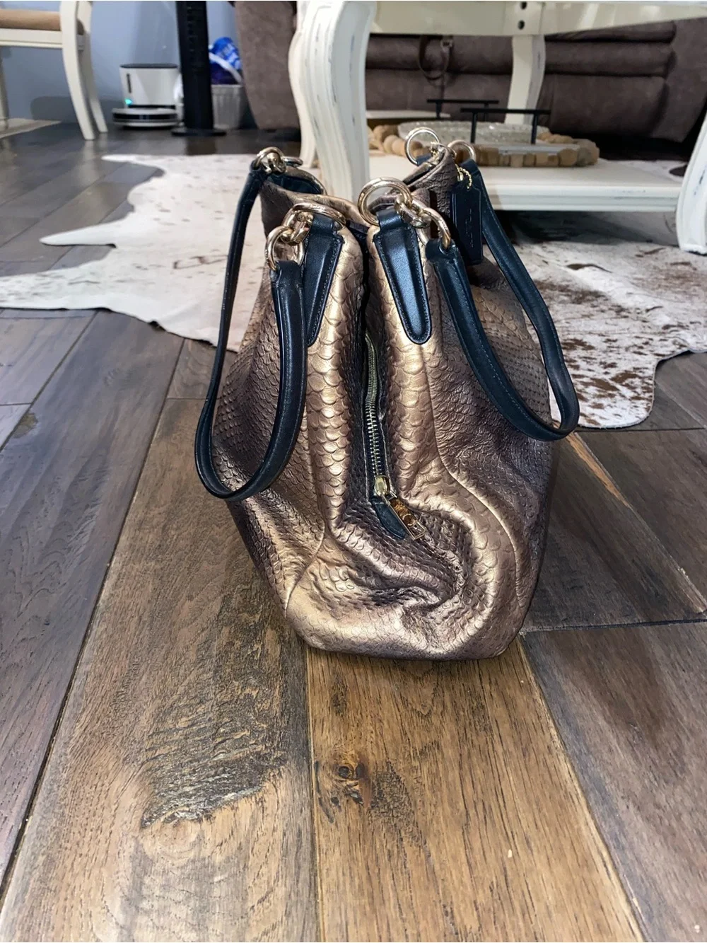 Coach Metallic Bronze Snake-Embossed Hobo with Black Strap